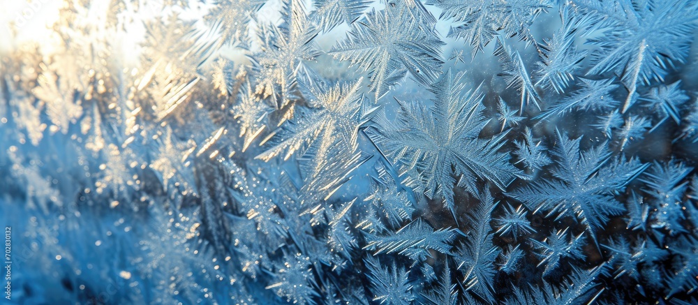 Poster Ice patterns on frozen glass Abstract ice pattern on winter glass as a background image Copy empty space for text. with copy space image. Place for adding text or design