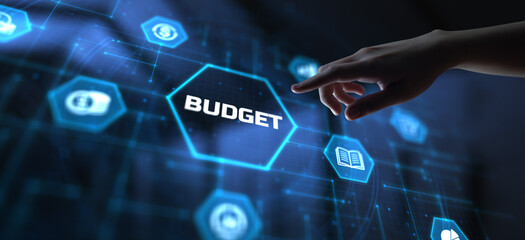 Budget Budgeting Financial management accounting business concept. Hand pressing button on screen.