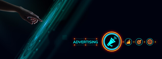 Advertising advertising online marketing strategy. Hand pressing button on screen. - obrazy, fototapety, plakaty