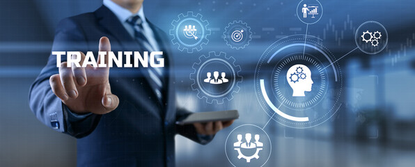 Training education personal development concept. Businessman pressing button on screen.