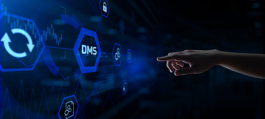 DMS Document management system business automation technology concept. Hand pressing button on screen.