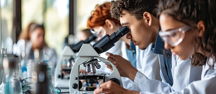 High school students using microscopes in laboratory. with copy space image. Place for adding text or design