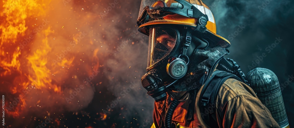 Poster holding the fire hose securely on their shoulder the firefighter showcases their expertise and readi