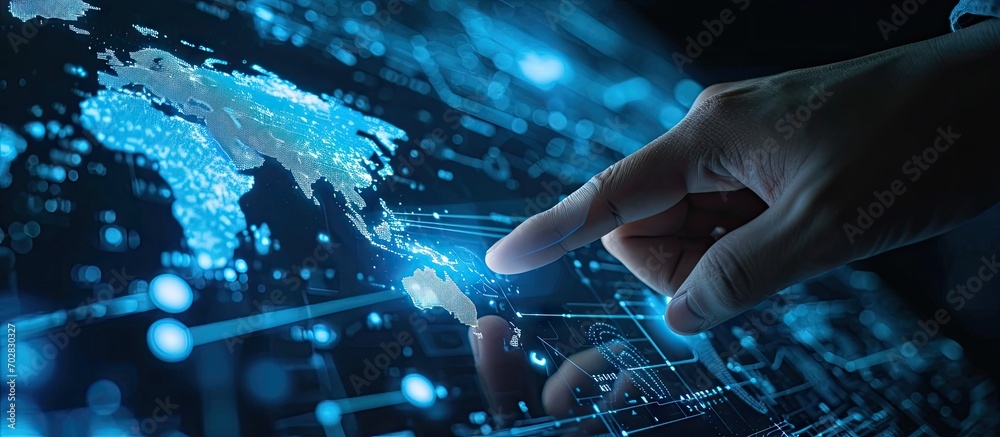 Poster Hand of Businessman touching hologram screen with world map background NLP Natural Language Processing cognitive computing technology concept. with copy space image. Place for adding text or design