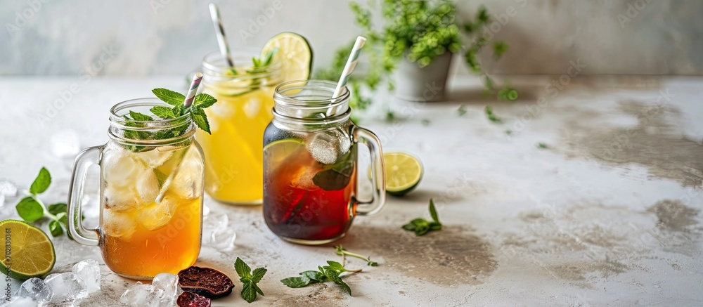 Poster homemade cold brew tea set of various healthy summer drink cold slow brewed tea in mason jar summer 