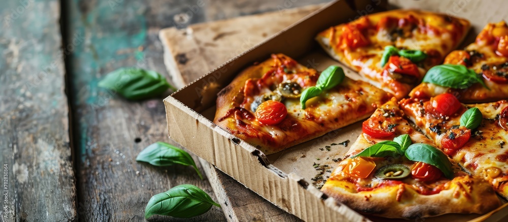 Aufkleber leftovers slices of homemade vegetarian pizza in box from above. with copy space image. Place for adding text or design