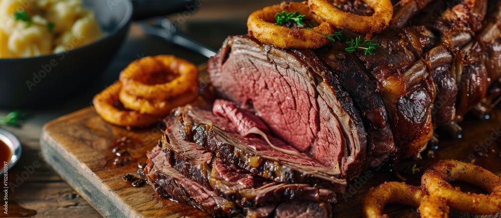 Poster Modern style barbecue dry aged sliced roast beef with fried onion rings and mashed potatoes as closeup on a plate. with copy space image. Place for adding text or design