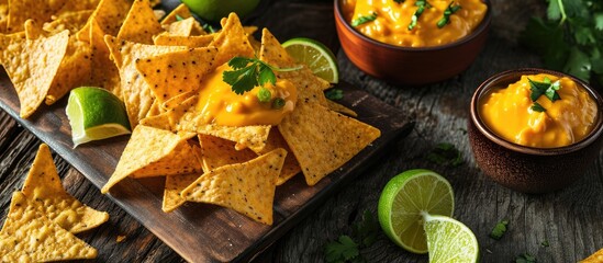 Homemade Yellow Queso Cheese Dip with Tortilla Chips and Lime. with copy space image. Place for adding text or design