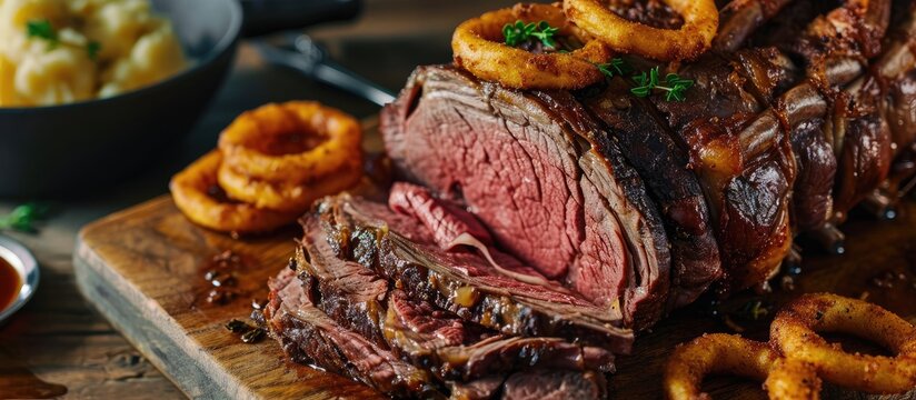 Modern style barbecue dry aged sliced roast beef with fried onion rings and mashed potatoes as closeup on a plate. with copy space image. Place for adding text or design