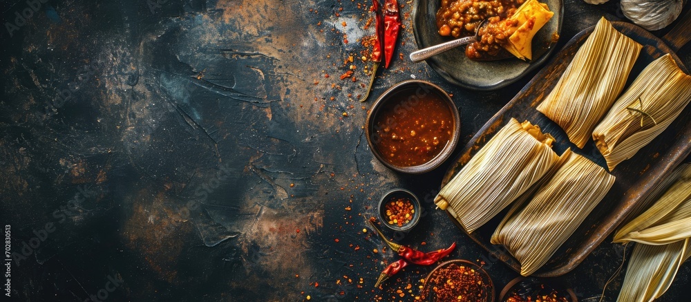 Poster mexican tamale tamales of corn leaves with chili and sauces. with copy space image. place for adding