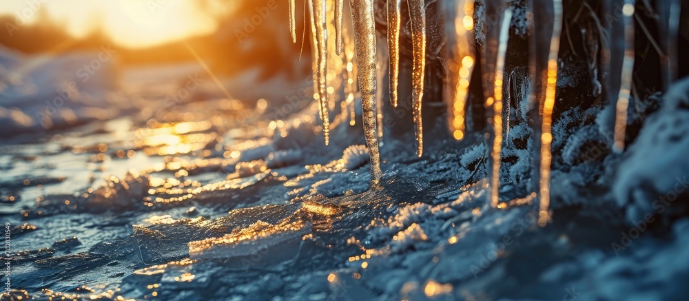 Poster melting icicles on the drainpipe against the bright sun. with copy space image. place for adding tex