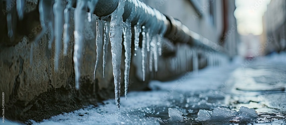 Aufkleber Icicle hanging on roof danger for pedestrians in winter Sharp icicle on drain pipe of the building Downpipe on residential building with sharp icicles. with copy space image