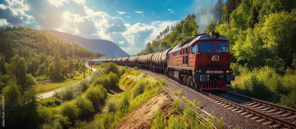 Poster locomotive with tanker freight train passed the railway curve. with copy space image. place for addi