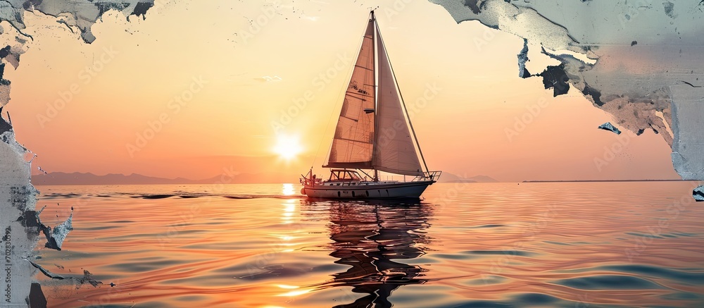 Poster layout for advertising of tourist business Sailing boat at sunset with the effect of torn paper and space for text. with copy space image. Place for adding text or design