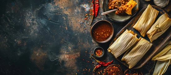  Mexican Tamale tamales of corn leaves with chili and sauces. with copy space image. Place for adding text or design © vxnaghiyev