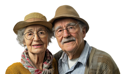 Old couple together wearing glasses and hats, transparent background