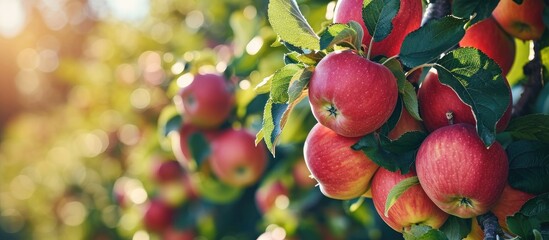 large ripe apples clusters hanging heap on a tree branch in an intense apple orchard. with copy space image. Place for adding text or design