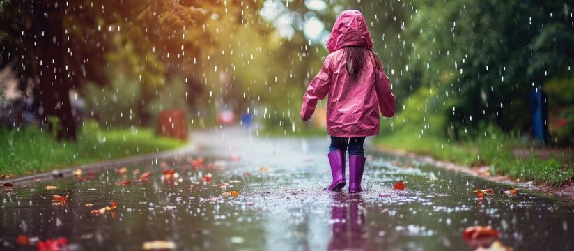 Little girl in pink waterproof raincoat purple rubber boots funny jumps through puddles on street road in rainy day weather Spring autumn Children s fun after rain Outdoors recreation activity