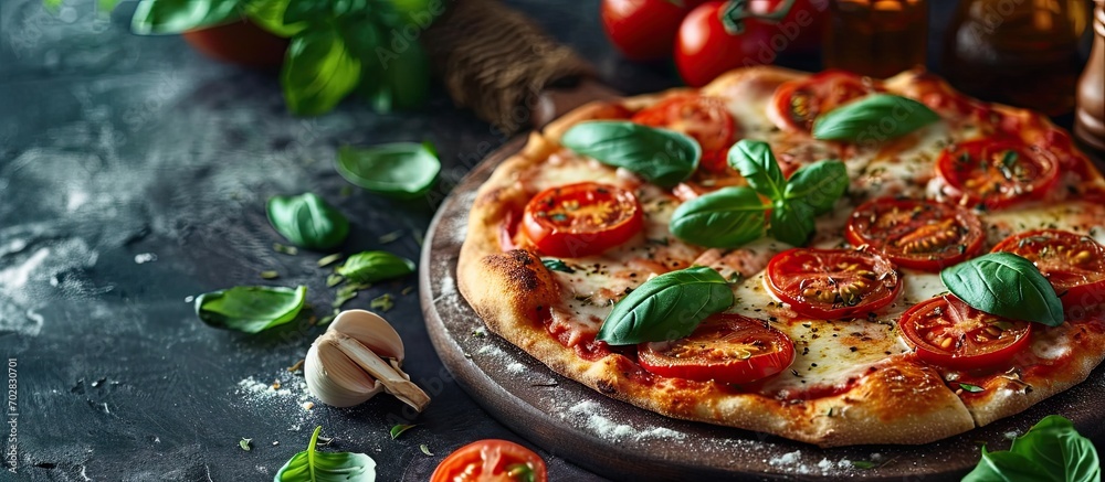 Aufkleber Homemade Margarita Flatbread Pizza with Tomato and Basil. with copy space image. Place for adding text or design