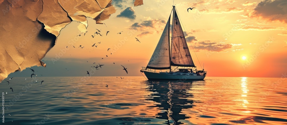 Poster layout for advertising of tourist business Sailing boat at sunset with the effect of torn paper and space for text. with copy space image. Place for adding text or design