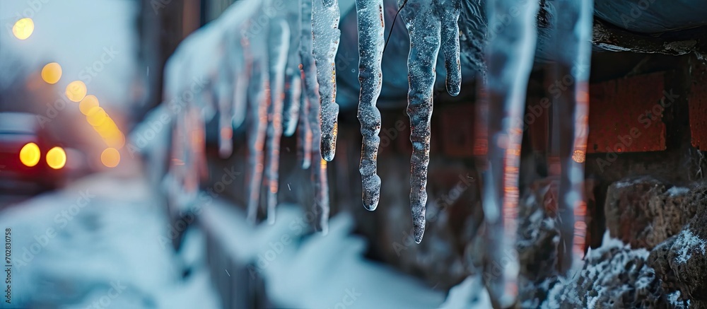 Poster Icicle hanging on roof danger for pedestrians in winter Sharp icicle on drain pipe of the building Downpipe on residential building with sharp icicles. with copy space image