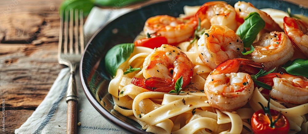 Poster Italian pasta fettuccine in a creamy sauce with shrimp and tomato. with copy space image. Place for adding text or design