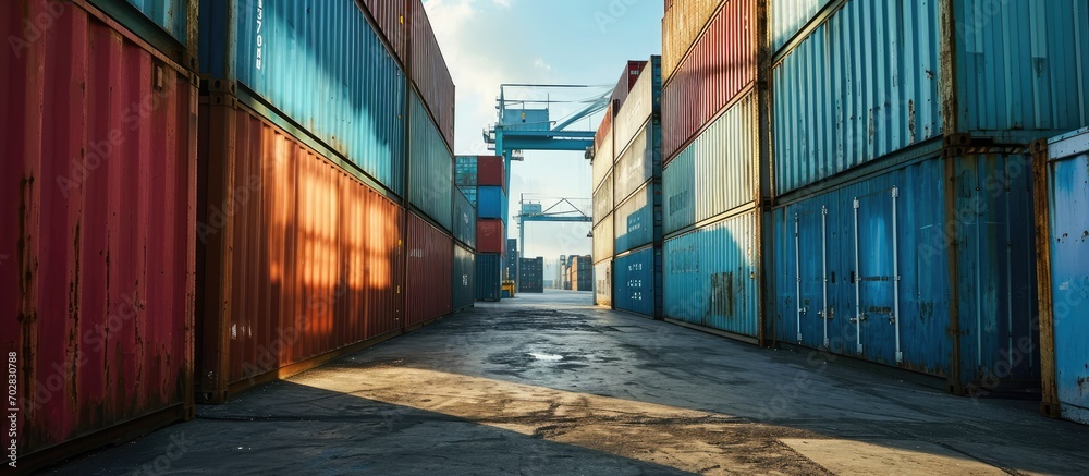 Poster Handling stack of container shipping Container shipping yard. with copy space image. Place for adding text or design