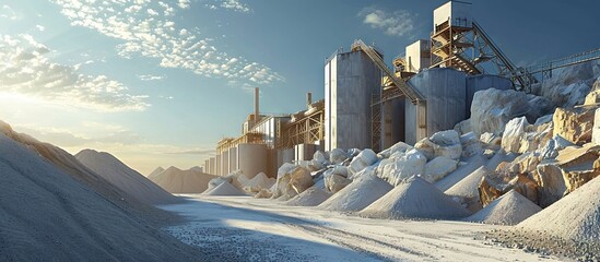 Industrial factory for limestone production under blue sky. with copy space image. Place for adding text or design - obrazy, fototapety, plakaty