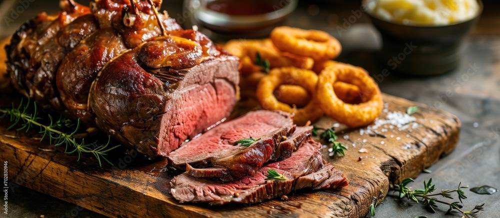 Poster Modern style barbecue dry aged sliced roast beef with fried onion rings and mashed potatoes as closeup on a plate. with copy space image. Place for adding text or design