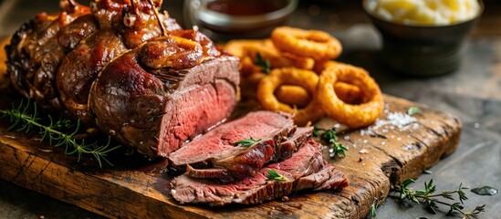 Modern style barbecue dry aged sliced roast beef with fried onion rings and mashed potatoes as closeup on a plate. with copy space image. Place for adding text or design - obrazy, fototapety, plakaty
