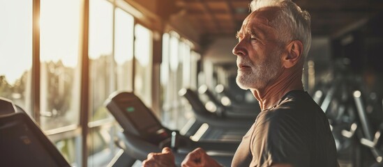 Handsome Caucasian gray haired bearded senior athletic man runner in sportswear stands at the starting position on the treadmill ready for morning run Running Jogging Marathon Cardio workout - obrazy, fototapety, plakaty
