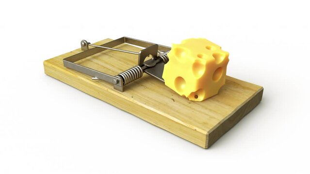 Mousetrap with cheese close up. Tasty piece of cheese waiting to catch a mouse. Traditional mousetrap. The video contains an alpha mask.