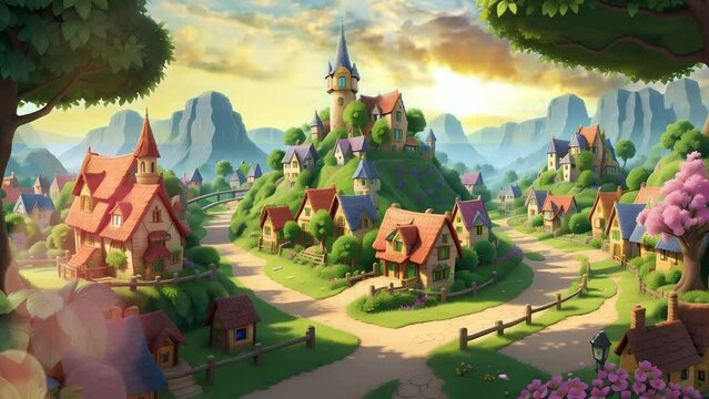 fantasy village with beautiful summer panorama, seamless Animation video background in 4K Resolution