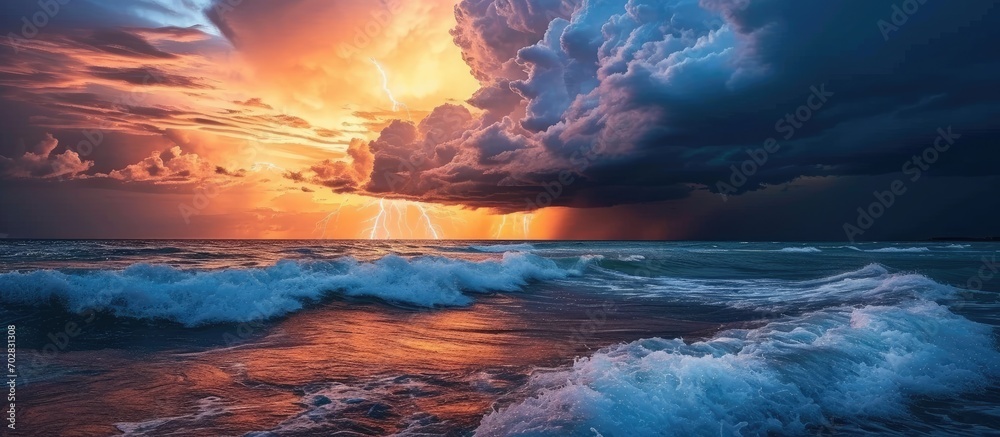 Aufkleber Lightning bolt from a thunderstorm over sea at sunset. with copy space image. Place for adding text or design