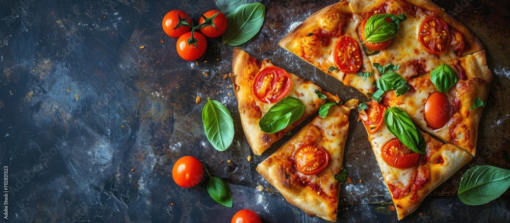 Aufkleber Homemade Margarita Flatbread Pizza with Tomato and Basil. with copy space image. Place for adding text or design