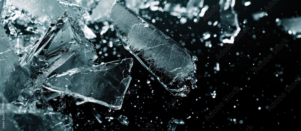 Fototapete Hole in the ice a breakthrough on black background Shards of crushed ice spread away The explosion of ice Ice with cracks. with copy space image. Place for adding text or design
