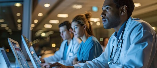 Medical and healthcare Male doctor or medical students or surgeon anesthesiologists using digital tablet during the conference Health Check with digital system support for patient background ba