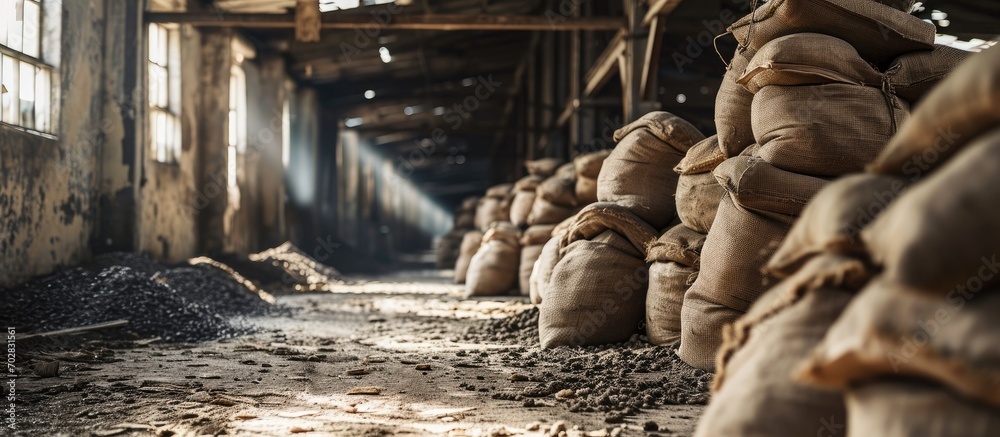 Poster large cloth bags with unknown bulk contents are lying in the warehouse an image illustrating the pro
