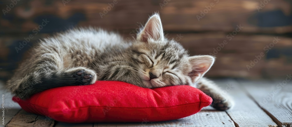Poster Little kitten sleeping on the red heart shaped pillow. with copy space image. Place for adding text or design