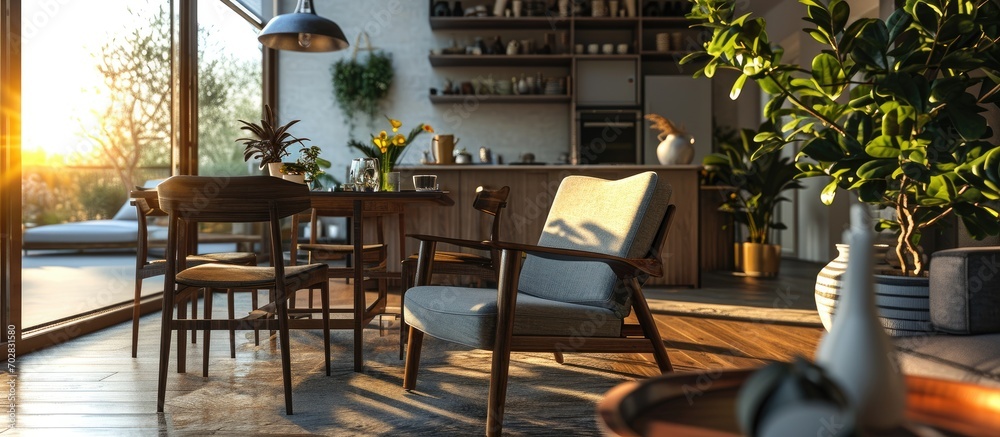 Poster interior of a home armchair and dining room. with copy space image. place for adding text or design
