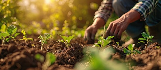 Fototapeta premium Male hands touching soil on the field Expert hand of farmer checking soil health before growth a seed of vegetable or plant seedling Business or ecology concept. with copy space image