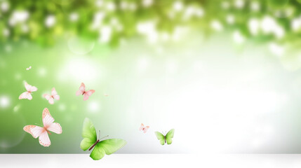 Green spring background with butterflies, bokeh lights and space for text