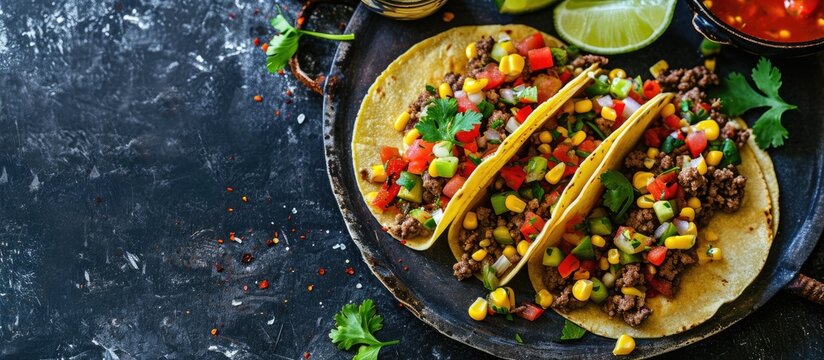 Mexican Minced Beef Tacos with Vegetables and Corn Salsa. with copy space image. Place for adding text or design