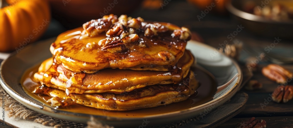 Leinwandbilder Homemade Pumpkin Pancakes with Butter Pecans and Maple Syrup. with copy space image. Place for adding text or design