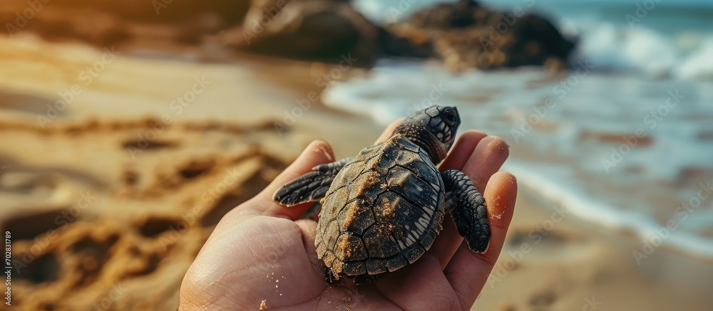 Poster Hand holds up a baby sea turtle egg in Sri Lanka. with copy space image. Place for adding text or design