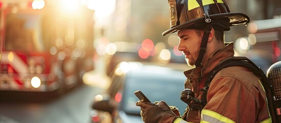 Male firefighter texting message on smartphone and speaking with coworker during break on fire station. with copy space image. Place for adding text or design - obrazy, fototapety, plakaty