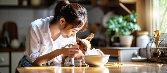 Loving young asian woman petting and feeding her cute long coat jack russel terrier puppy kitchen interior side view copy space Pets feeding healthy nutritive food for dogs puppies - obrazy, fototapety, plakaty