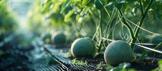 Melon flower melon plant growing in organic garden growing melon seedlings on the farm Fresh melons or green melons or cantaloupe melons plants growing in greenhouse supported by string melon n