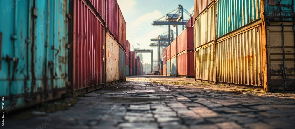 Poster Handling stack of container shipping Container shipping yard. with copy space image. Place for adding text or design