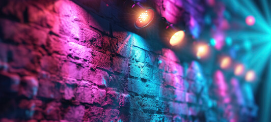 Disco style background with brick wall with neon blue, purple and yellow lights